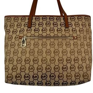 Michael Kors tan/brown MK monogram tote bag, leather straps